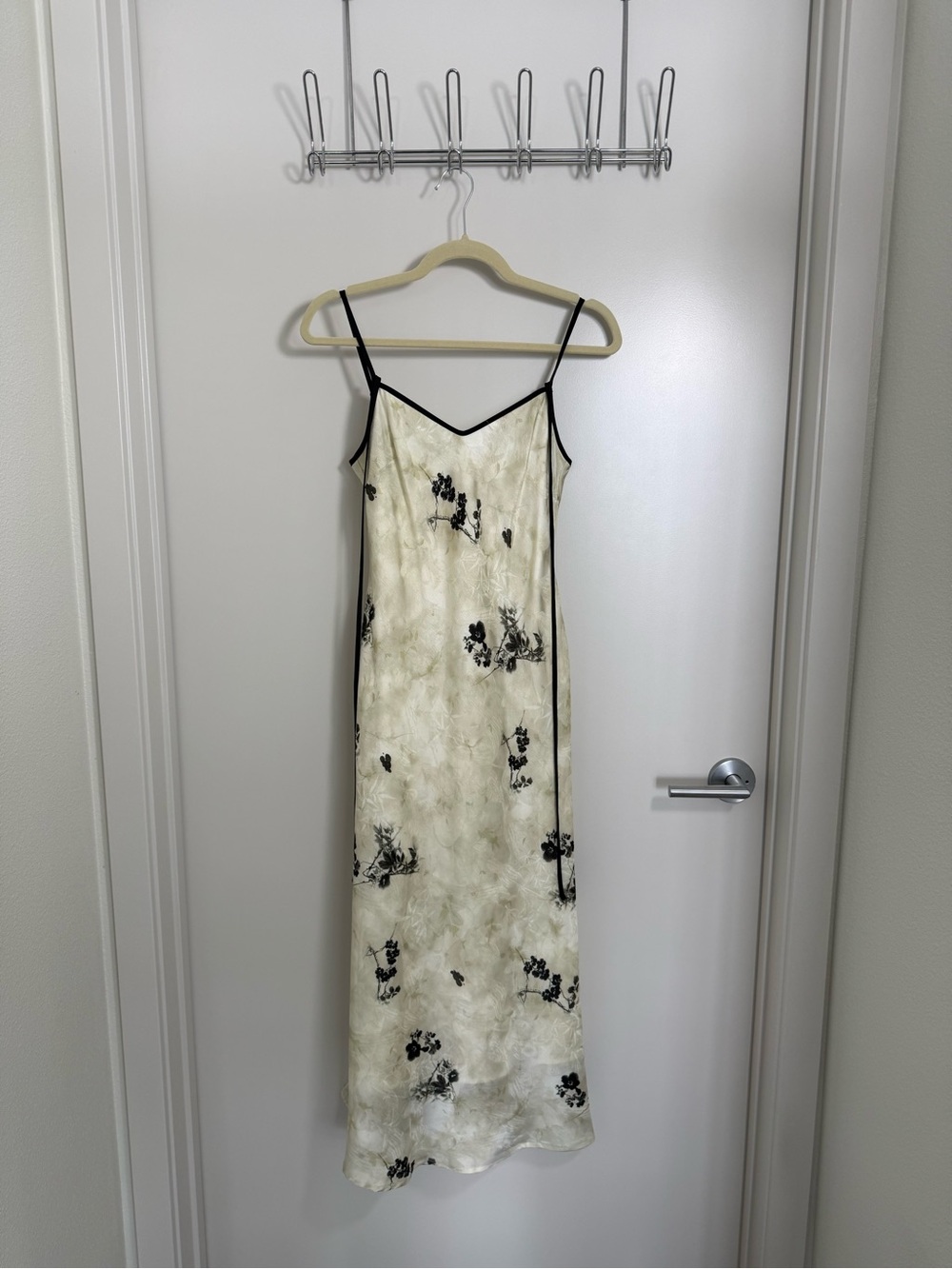 Women's Cream Slip Dress with Black Floral Print